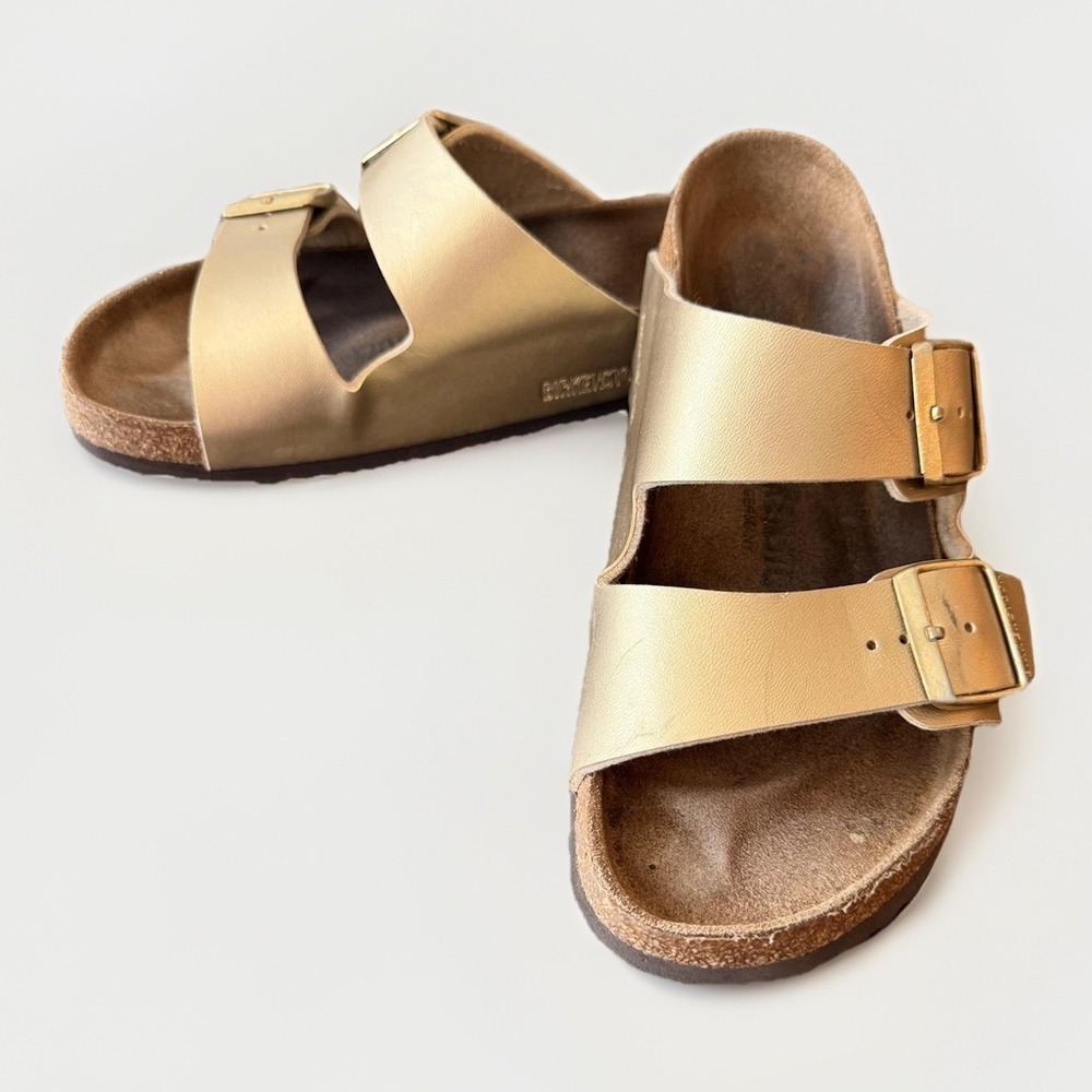 Birkenstock Arizona Sandals Womens Size 39 Gold Synthetic Slide Buckle Comfort